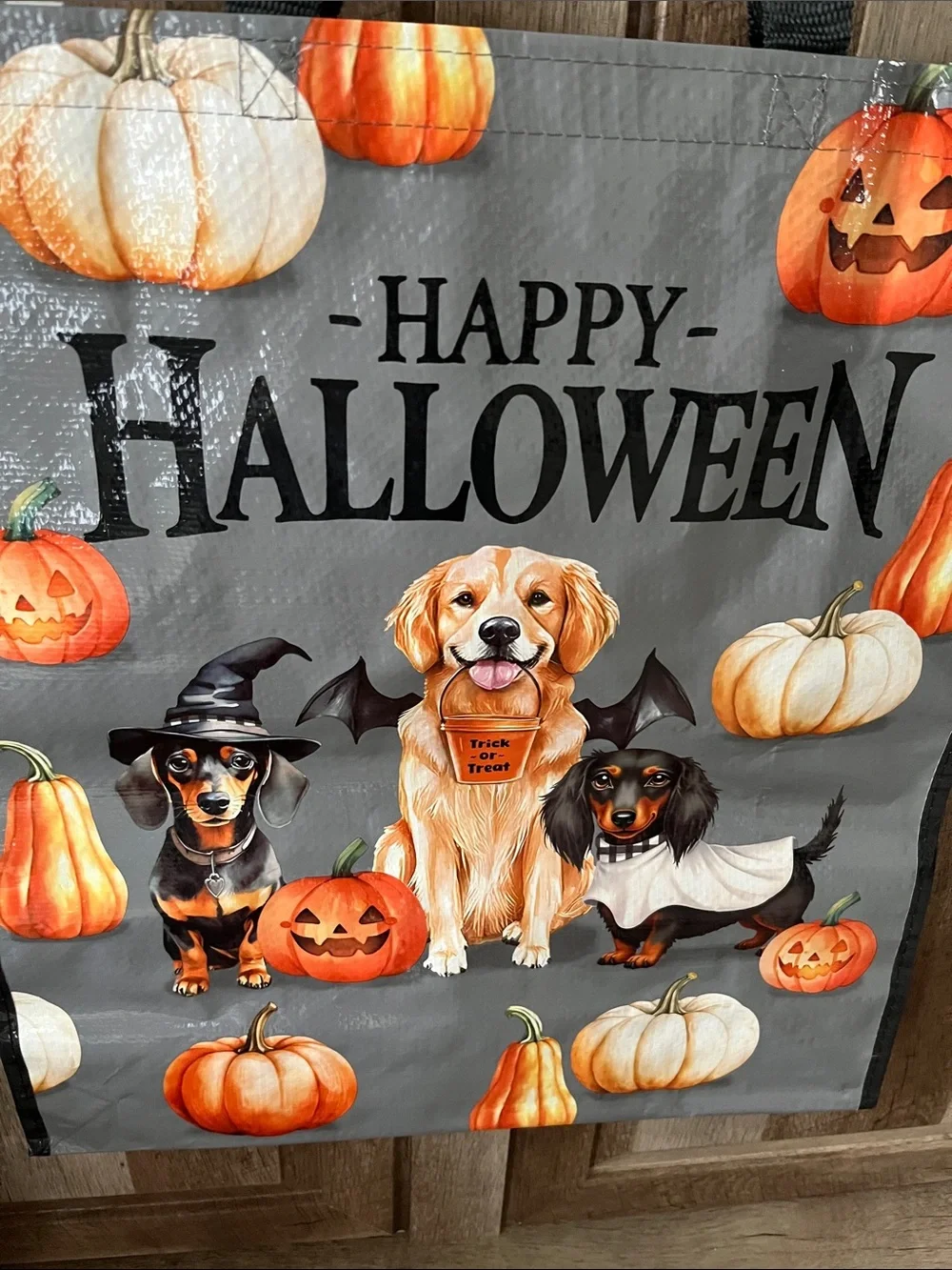 Happy Halloween Gray Trick-or-Treat Tote Bag with Pumpkin & Dogs—Cracker Barrel